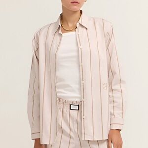 Yaitte Buoy Shirt in Tofu and Sand Striped Long Sleeve Button Up Size M NWT